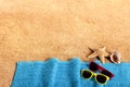 Summer beach border, sand background, sunglasses, copy space Royalty Free Stock Photo