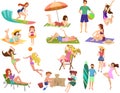 Summer beach cartoon anime vector people outdoor activities. Man, woman and kids sunbathing, playing,walking, carrying