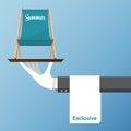 Summer beach chair. Waiter hand holding tray. Flat design icon. Vector Illustration