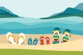Summer beach with color flip flops. Family summer holiday.