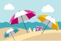 Summer beach with color umbrellas. Flat design