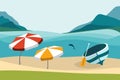 Summer beach with color umbrellas. Flat design