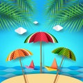 Summer beach and colorful umbrella fruits