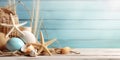 Summer beach composition. Shells, wicker basket and starfishes on blue wooden planks background. Created with generative Ai