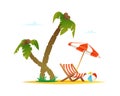 Summer beach concept with palm tree, chair, umbrella sand Royalty Free Stock Photo