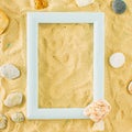 Summer beach concept with rocks on sandy background. Summer abstract tropic art with frame Royalty Free Stock Photo