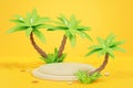 Summer beach 3d background with cylinder two stairs product podium, palm trees, seashells and starfishes Royalty Free Stock Photo