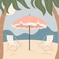 Summer beach days. Sun beds and umbrella on the beach. Vector.