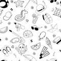 Summer beach doodles seamless pattern. Vector illustration of summer vacation elements. Black and white pattern Royalty Free Stock Photo