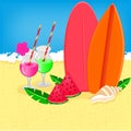 Summer beach drinks, surfboards, watermelon, shell, flat style vector Royalty Free Stock Photo