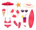 Summer beach elements, set. Summer colorful objects collection for outdoor trip vacation. Vector illustration Royalty Free Stock Photo