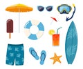 Summer beach elements, set. Summer colorful objects collection for outdoor trip vacation. Vector illustration Royalty Free Stock Photo