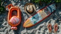 Summer Beach Essentials: Flamingo Float, Surfboard, Hat, and Flip-flops Royalty Free Stock Photo