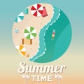 Summer beach in flat design, aerial view, sea side and umbrellas, vector illustration