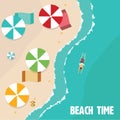 Summer beach in flat design, aerial view, sea side and umbrellas, vector illustration Royalty Free Stock Photo