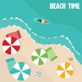 Summer beach in flat design, aerial view, sea side and umbrellas, vector illustration Royalty Free Stock Photo