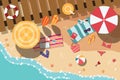 Summer beach in flat design, sea side and beach items Royalty Free Stock Photo