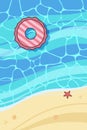 Summer beach. Floating rubber ring on waves. Top view