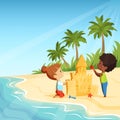 Summer beach and funny happy kids playing with sand castles Royalty Free Stock Photo