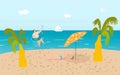 Summer beach with funny people, tropical palms and sand, man sunbathes on seaside, people swim in ocean flat vector