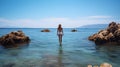 Summer Beach Getaway, Woman Standing on a Sea Rock for Relaxation and Enjoyment