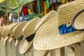 Summer beach hats on display at craft market Royalty Free Stock Photo