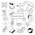 Summer beach holiday hand drawn doodle illustration isolated on white background. Summer beach vacation icons set Royalty Free Stock Photo