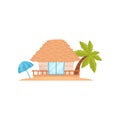 Summer beach house with palm tree and umbrella, tropical bungalow vector Illustration on a white background Royalty Free Stock Photo