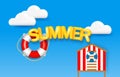 Beach hut, lifebuoys and 3D text SUMMER