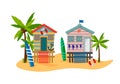 Summer beach illustration with beach houses, palm trees and sea.