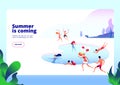 Summer beach landing. People at swimming pool on summer vacation restore hotel water relax at sea vector concept