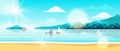 Summer beach landscape, vector ocean island background, shore sand, sailing boat, island, palm silhouette.