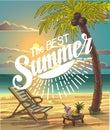 Summer Beach Lettering Vector Design in the Seashore with Palm tree and Chair. Royalty Free Stock Photo