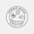 summer beach line art logo vector with emblem template illustration design. palm tree, sun and cloud icon design Royalty Free Stock Photo