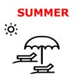 Summer. Beach Logo with an umbrella, sun and a foldable beds.