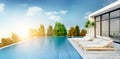 Summer ,beach lounge, sun loungers on Sunbathing deck and private swimming pooland panoramic sea view at luxury villa/3d renderin Royalty Free Stock Photo