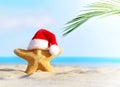 Summer beach. Merry Christmas. Starfish in Santa Claus hat