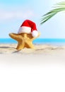 Summer beach. Merry Christmas. Starfish in Santa Claus hat Royalty Free Stock Photo