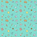 Summer beach multicolored seamless pattern (blue). Summer time. Simple outline design.