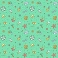 Summer beach multicolored seamless pattern (green). Summer time. Simple outline design.