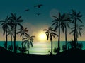 Summer beach night palm silhouettes on summer sunset with beautiful night sky background. Tropical sunset, summer