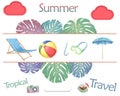 Summer beach objects ball, mask diving, umbrella . Summertime illustration. Watercolor brush, clip art travel kit on white