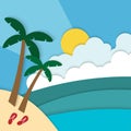 Summer Beach paper cut background vector,ocean view with coconut tree paper art illustration