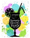 Summer beach party calligraphic lettering. Cocktail glass silhouette