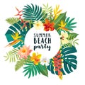 Vector Summer Beach Party calligraphy card. Summertime postcard with exotic tropical leaves, flowers. Round frame jungle bird of Royalty Free Stock Photo