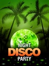 Summer beach party disco poster design with disco ball element. Vector beach party flyer with palm. Music beat template