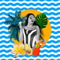 Summer, beach party. Female model on abstract color summer background. Copyspace to text. Modern design. Art pop collage Royalty Free Stock Photo