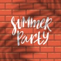 Summer Beach Party Flyer. Lettering on Brick Wall Background with Palm Leaves Shadow Overlay