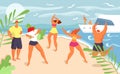 Summer beach party at fun vacation holiday, vector illustration. Young girl boy group dance near sea, happy man woman Royalty Free Stock Photo