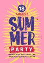 Summer beach party invitation or poster template with lettering handwritten against yellow exotic palm tree leaf on pink Royalty Free Stock Photo